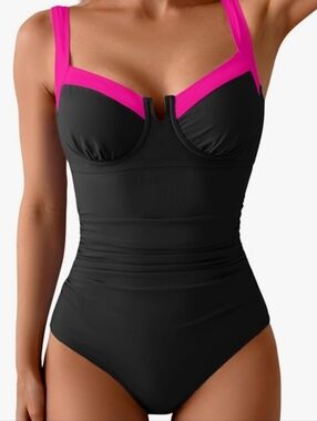 New Black One Piece Swimsuit Pink Trim B2prity Womens L